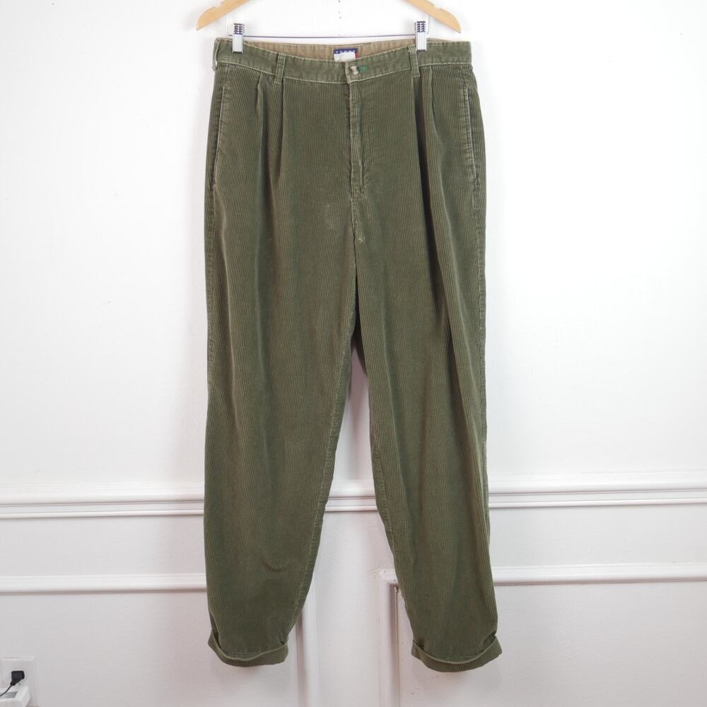 Vintage Tommy Hilfiger Pleated Corduroy Pants Baggy Cuff Olive Green 90s 34 x 32